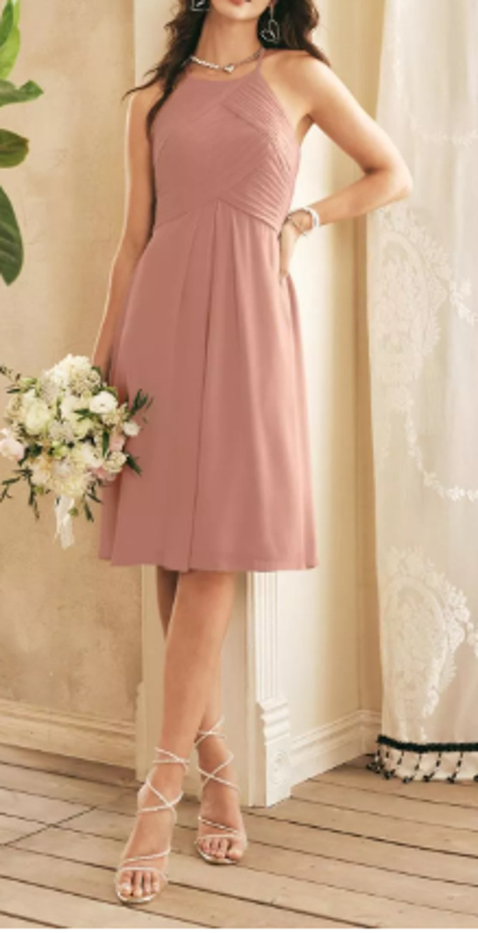 AW BRIDAL 8 M rose pink chiffon Becky halter formal knee length dress NEW B30